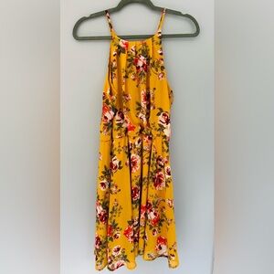 Blue Rain Yellow Floral Summer Flowy Dress Large